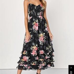 Lulus Elegant Radiance Black Floral Print Ruffled Bustier Midi Dress Size M